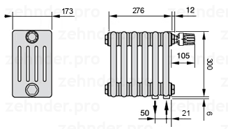 Схема (чертеж) Радиатор Zehnder Charleston 5030/6 №V002 Белый глянцевый RAL 9016